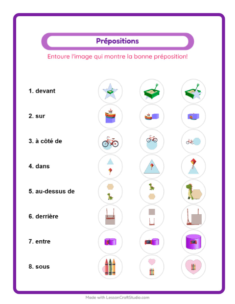 Aperçu de la fiche Prépositions avec Jouets pour École maternelle (grande section, 5-7 ans)