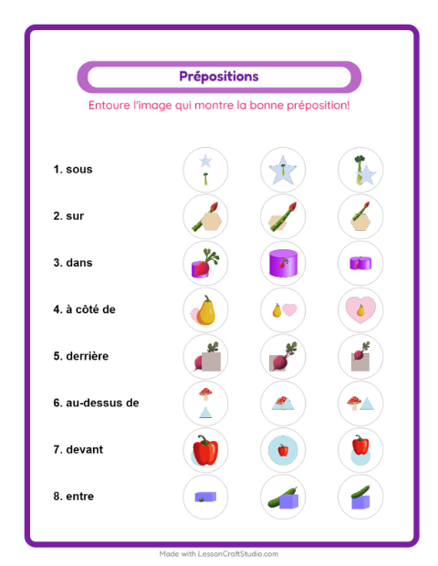 Aperçu de la fiche Prépositions avec Légumes pour École maternelle (grande section, 5-7 ans)