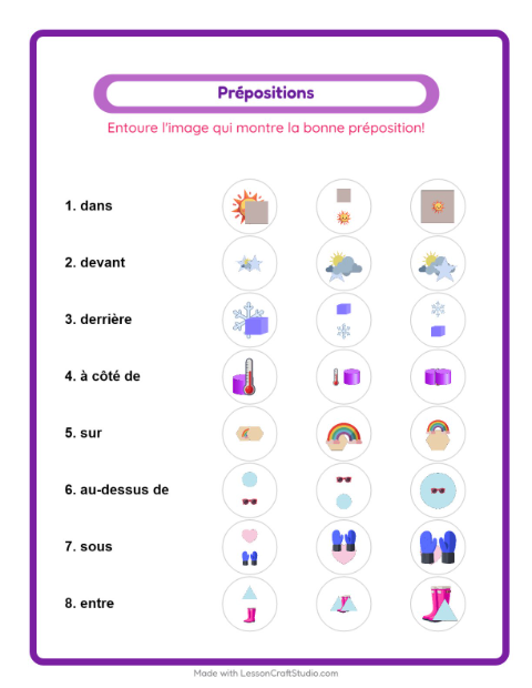 Aperçu de la fiche Prépositions avec Météo pour École maternelle (grande section, 5-7 ans)