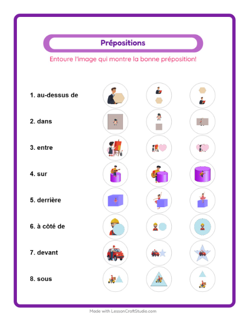 Aperçu de la fiche Prépositions avec Métiers pour École maternelle (grande section, 5-7 ans)