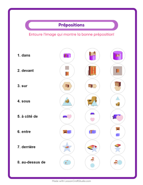 Aperçu de la fiche Prépositions avec Meubles pour École maternelle (grande section, 5-7 ans)