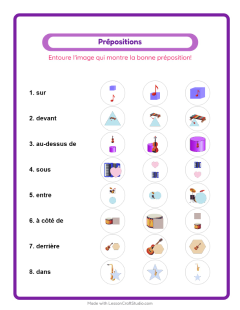 Aperçu de la fiche Prépositions avec Musique pour École maternelle (grande section, 5-7 ans)