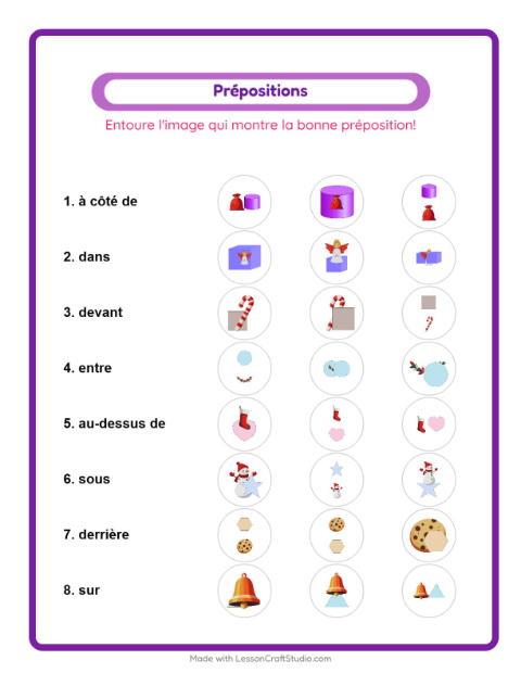 Aperçu de la fiche Prépositions avec Noël pour École maternelle (grande section, 5-7 ans)