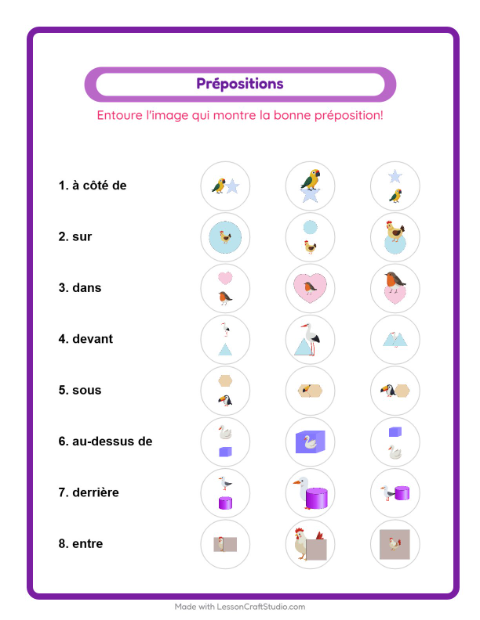 Aperçu de la fiche Prépositions avec Oiseaux 2 pour École maternelle (grande section, 5-7 ans)
