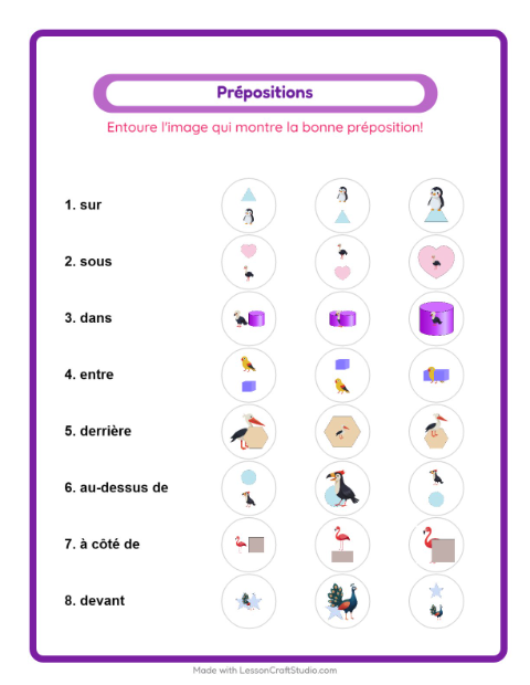 Aperçu de la fiche Prépositions avec Oiseaux pour École maternelle (grande section, 5-7 ans)