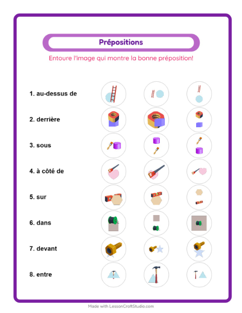 Aperçu de la fiche Prépositions avec Outils pour École maternelle (grande section, 5-7 ans)