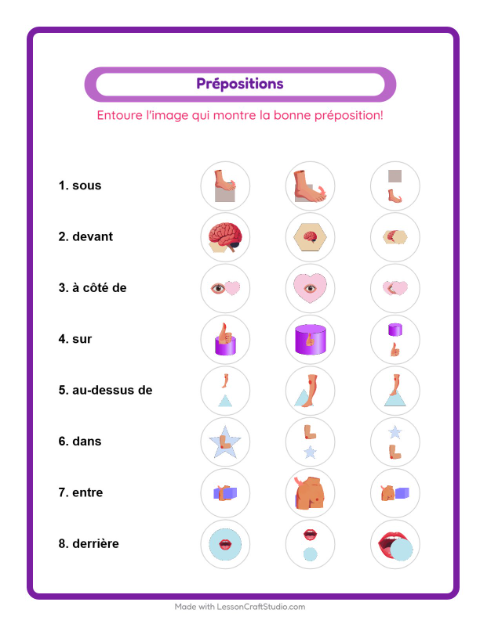 Aperçu de la fiche Prépositions avec Parties du corps pour École maternelle (grande section, 5-7 ans)