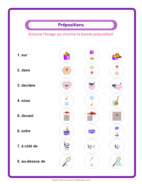Aperçu de la fiche Prépositions avec Plage pour École maternelle (grande section, 5-7 ans)