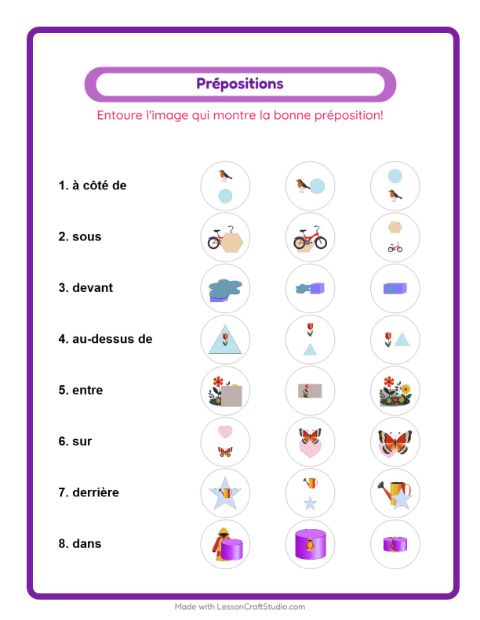 Aperçu de la fiche Prépositions avec Printemps pour École maternelle (grande section, 5-7 ans)