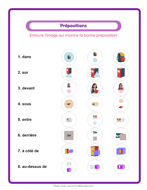 Aperçu de la fiche Prépositions avec Salle de classe pour École maternelle (grande section, 5-7 ans)