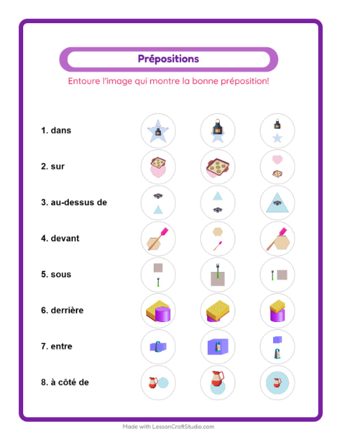 Aperçu de la fiche Prépositions avec Ustensiles de cuisine pour École maternelle (grande section, 5-7 ans)