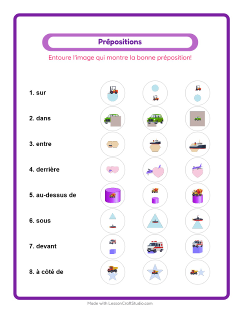 Aperçu de la fiche Prépositions avec Véhicules pour École maternelle (grande section, 5-7 ans)