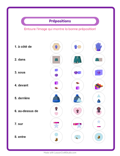 Aperçu de la fiche Prépositions avec Vêtements pour École maternelle (grande section, 5-7 ans)