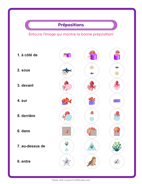 Aperçu de la fiche Prépositions avec Vie océanique pour École maternelle (grande section, 5-7 ans)