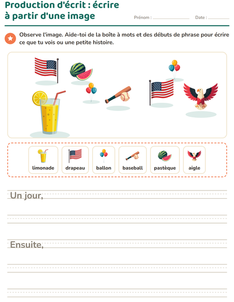 Aperçu de la fiche Production d'écrit avec 4 juillet pour CE1 (cours élémentaire 1)