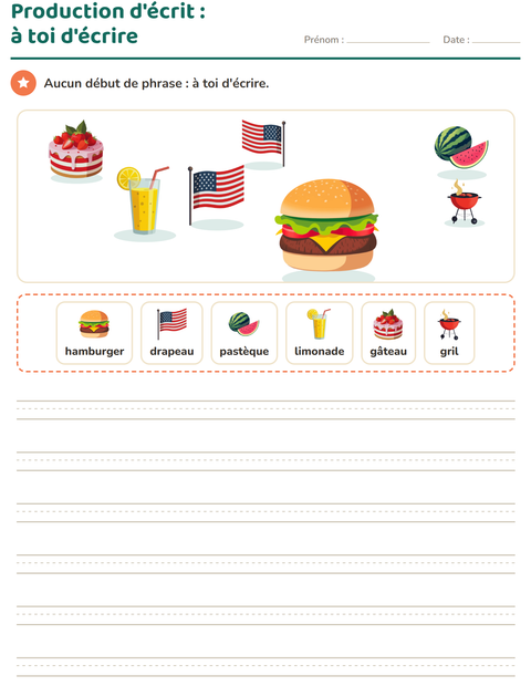 Aperçu de la fiche Production d'écrit avec 4 juillet pour CE1 (cours élémentaire 1)