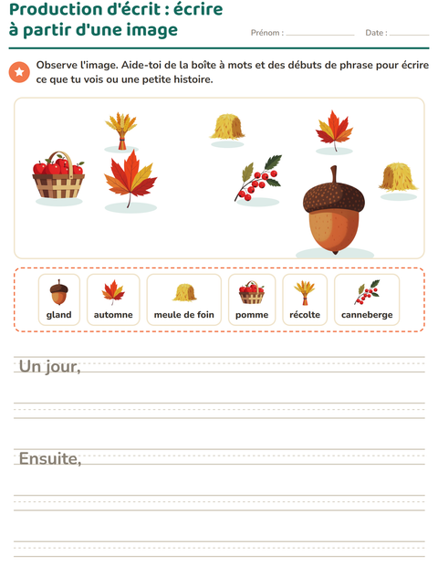 Aperçu de la fiche Production d'écrit avec Action de grâce pour CE1 (cours élémentaire 1)