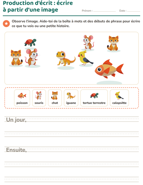 Aperçu de la fiche Production d'écrit avec Animaux de compagnie pour CE1 (cours élémentaire 1)