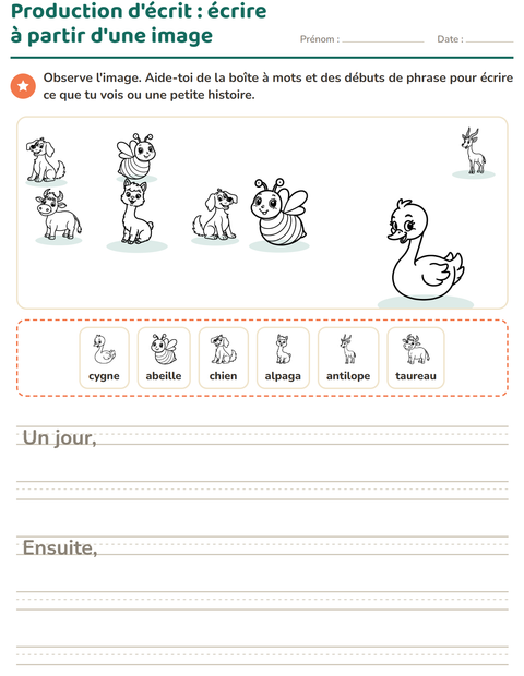 Aperçu de la fiche Production d'écrit avec Animaux de la ferme NB pour CE1 (cours élémentaire 1)