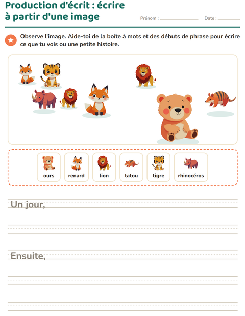 Aperçu de la fiche Production d'écrit avec Animaux du zoo pour CE1 (cours élémentaire 1)