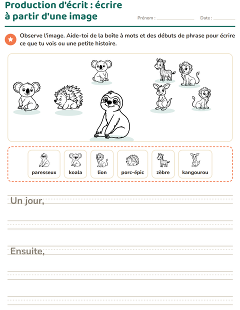 Aperçu de la fiche Production d'écrit avec Animaux du zoo NB pour CE1 (cours élémentaire 1)