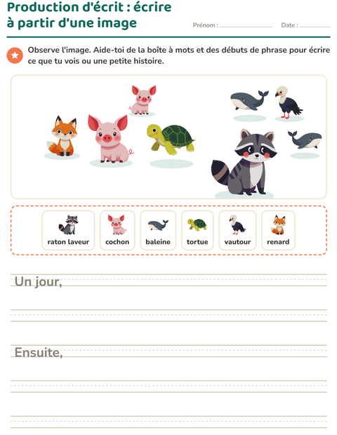 Aperçu de la fiche Production d'écrit avec Animaux pour CE1 (cours élémentaire 1)