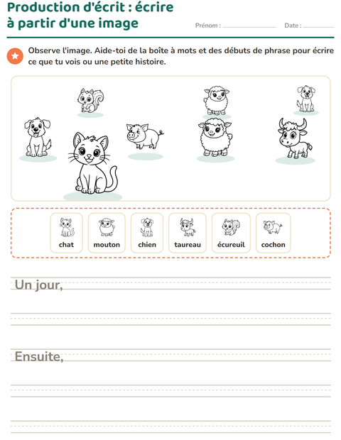 Aperçu de la fiche Production d'écrit avec Animaux NB 2 pour CE1 (cours élémentaire 1)