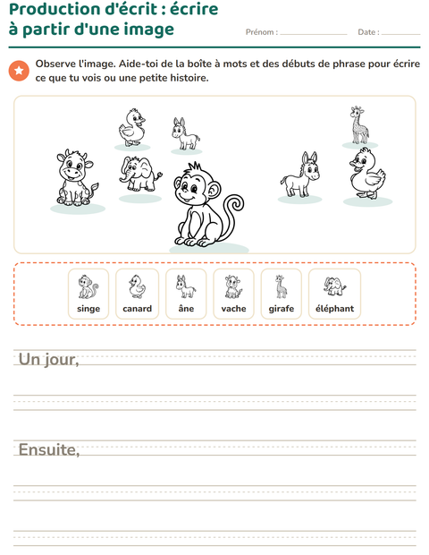 Aperçu de la fiche Production d'écrit avec Animaux NB 3 pour CE1 (cours élémentaire 1)