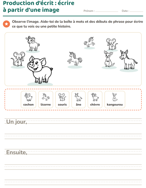 Aperçu de la fiche Production d'écrit avec Animaux NB 4 pour CE1 (cours élémentaire 1)