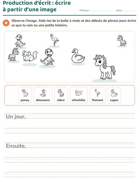 Aperçu de la fiche Production d'écrit avec Animaux NB 5 pour CE1 (cours élémentaire 1)
