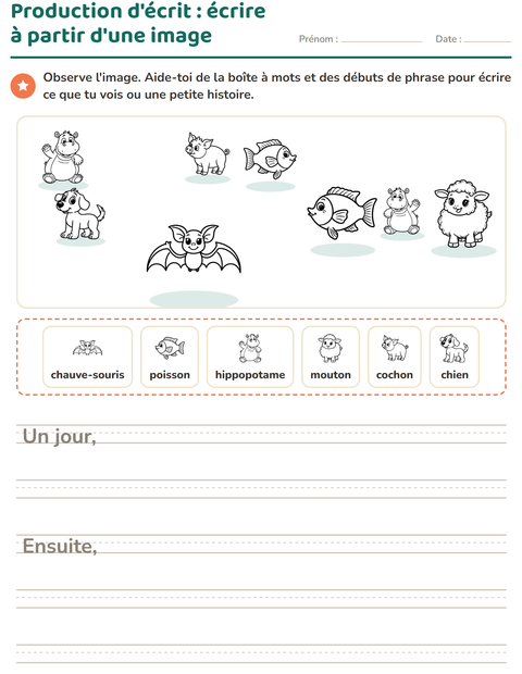 Aperçu de la fiche Production d'écrit avec Animaux NB pour CE1 (cours élémentaire 1)