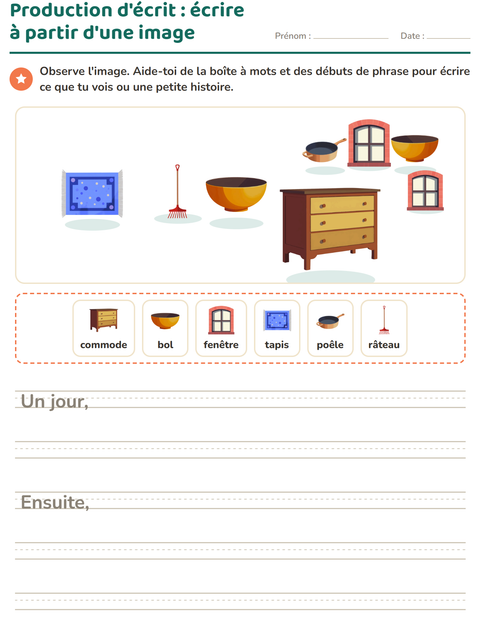 Aperçu de la fiche Production d'écrit avec Autour de la maison pour CE1 (cours élémentaire 1)