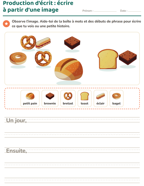 Aperçu de la fiche Production d'écrit avec Boulangerie pour CE1 (cours élémentaire 1)