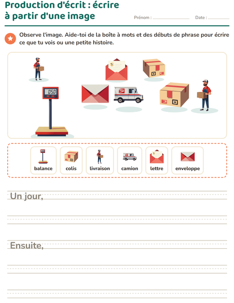 Aperçu de la fiche Production d'écrit avec Bureau de poste pour CE1 (cours élémentaire 1)