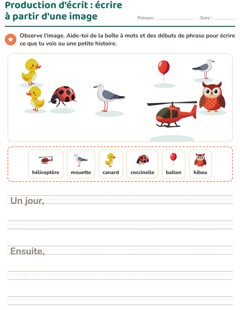Aperçu de la fiche Production d'écrit avec Choses qui volent pour CE1 (cours élémentaire 1)