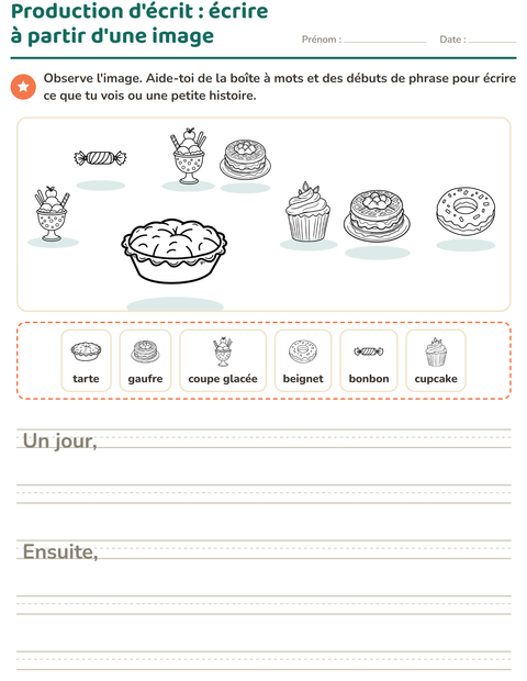 Aperçu de la fiche Production d'écrit avec Dessert (N&B) pour CE1 (cours élémentaire 1)