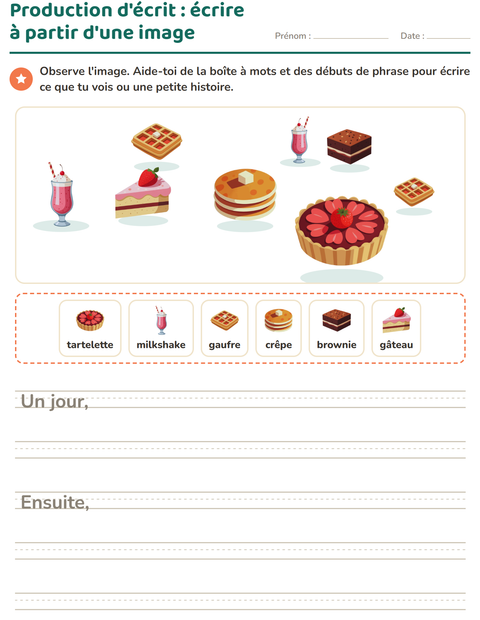 Aperçu de la fiche Production d'écrit avec Desserts et sucreries pour CE1 (cours élémentaire 1)