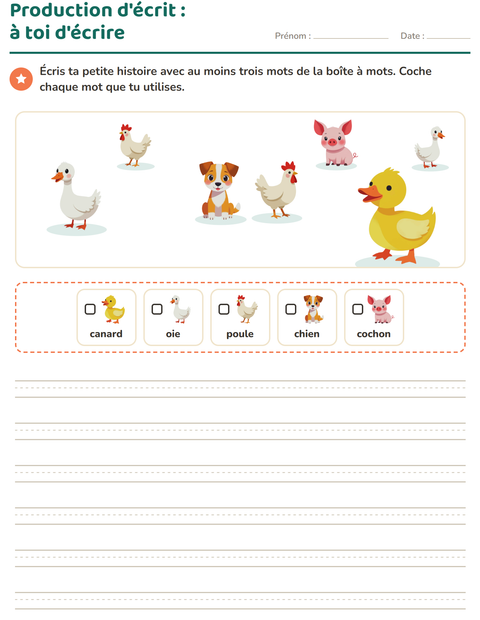 Aperçu de la fiche Production d'écrit avec Animaux de la ferme pour CE1 (cours élémentaire 1)