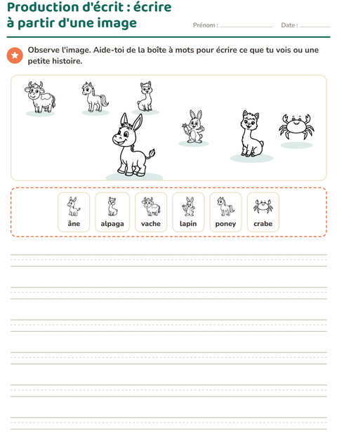 Aperçu de la fiche Production d'écrit avec Animaux de la ferme NB pour CE1 (cours élémentaire 1)