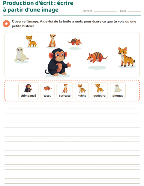 Aperçu de la fiche Production d'écrit avec Animaux du zoo pour CE1 (cours élémentaire 1)