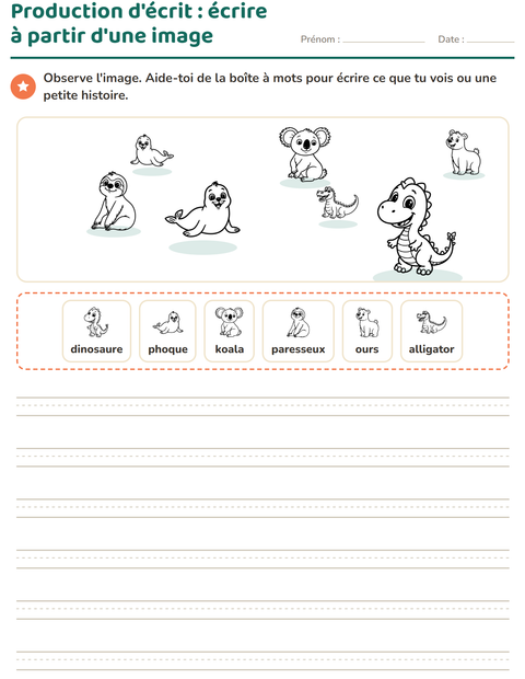 Aperçu de la fiche Production d'écrit avec Animaux du zoo NB pour CE1 (cours élémentaire 1)