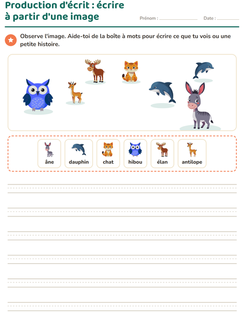 Aperçu de la fiche Production d'écrit avec Animaux pour CE1 (cours élémentaire 1)