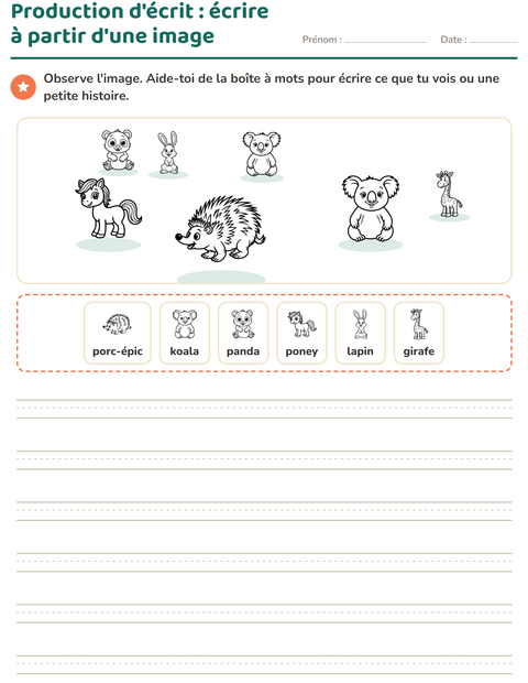 Aperçu de la fiche Production d'écrit avec Animaux NB 2 pour CE1 (cours élémentaire 1)