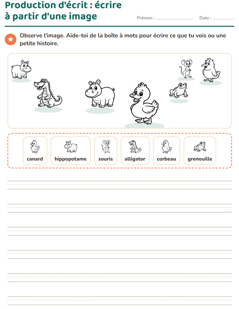 Aperçu de la fiche Production d'écrit avec Animaux NB 3 pour CE1 (cours élémentaire 1)