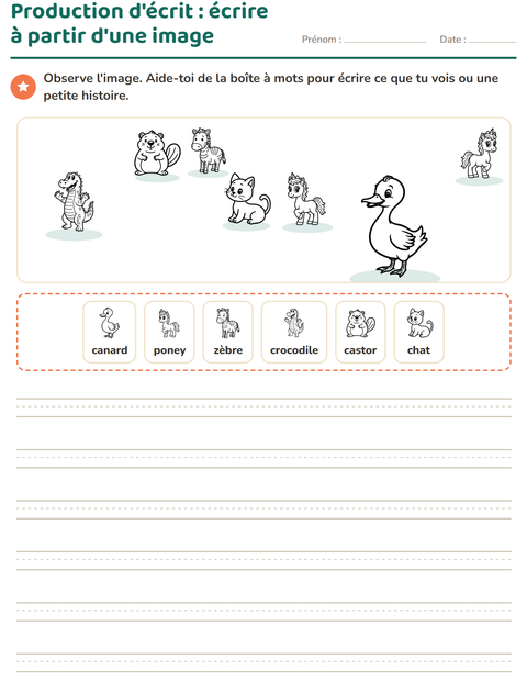 Aperçu de la fiche Production d'écrit avec Animaux NB 4 pour CE1 (cours élémentaire 1)