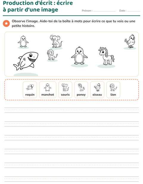 Aperçu de la fiche Production d'écrit avec Animaux NB 5 pour CE1 (cours élémentaire 1)