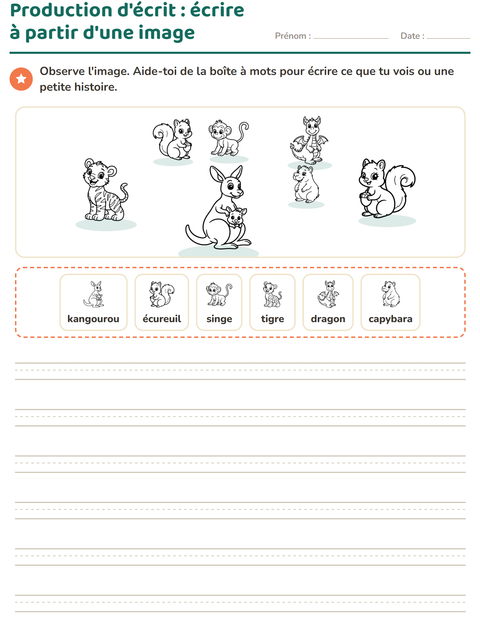Aperçu de la fiche Production d'écrit avec Animaux NB pour CE1 (cours élémentaire 1)