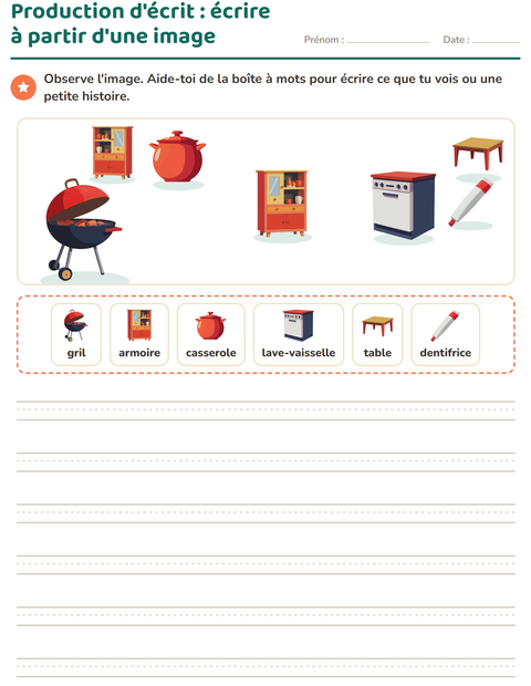 Aperçu de la fiche Production d'écrit avec Autour de la maison pour CE1 (cours élémentaire 1)