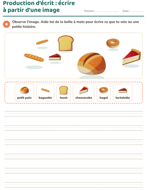 Aperçu de la fiche Production d'écrit avec Boulangerie pour CE1 (cours élémentaire 1)