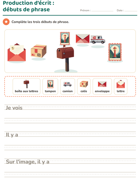 Aperçu de la fiche Production d'écrit avec Bureau de poste pour CE1 (cours élémentaire 1)